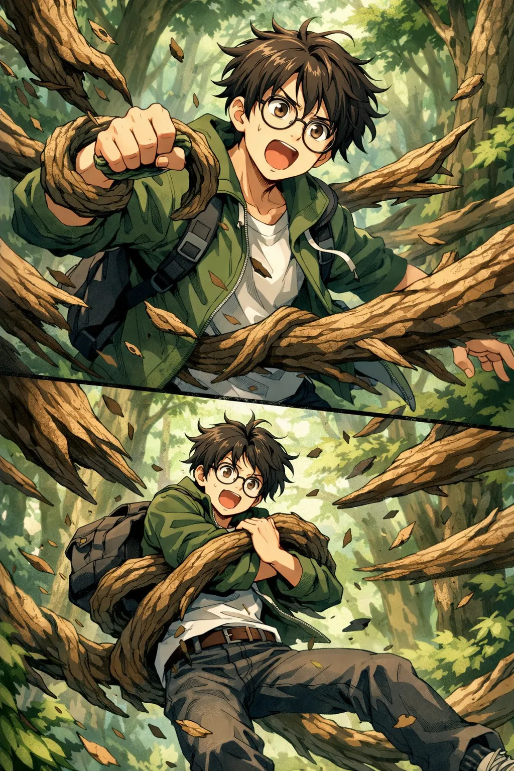 Trees Hate You vertical promotional artwork with the doomed hiker in the hostile forest